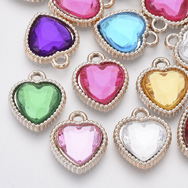 PandaHall UV Plating ABS Plastic Pendants, with Acrylic Rhinestone, Faceted, Heart, Light Gold, Mixed Color, 18.5x16x5mm, Hole: 2mm ABS...