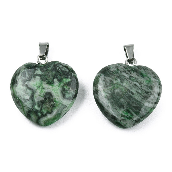 

PandaHall Natural Map Stone Pendants, with Stainless Steel Color Tone Stainless Steel Snap On Bails, Heart Charm, Dyed & Heated, Medium Sea...