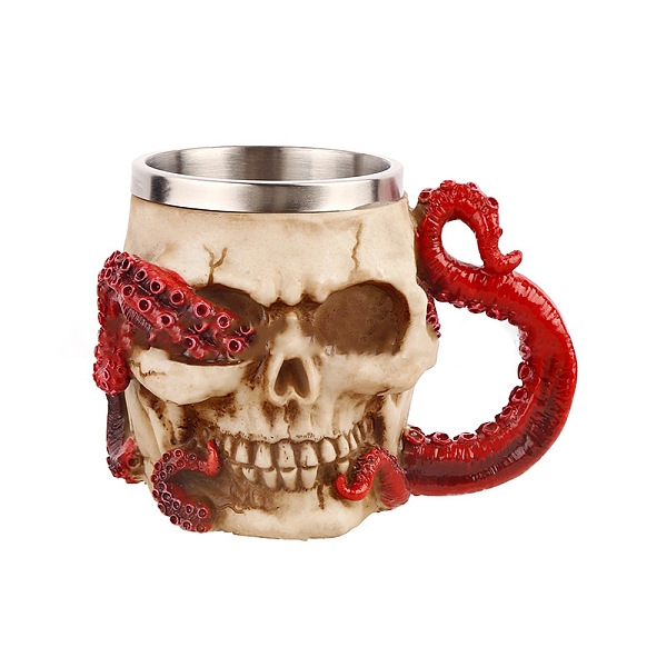 

PandaHall Halloween 304 Stainless Steel 3D Skull Mug, Resin Octopus Tentacles Skeleton Beer Cup, for Home Decorations Birthday Gift, Red...
