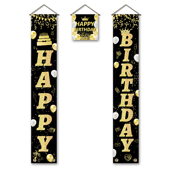 

PandaHall SUPERDANT Happy Birthday Porch Banners Black and Gold Hanging Birthday Porch Sign Happy Birthday Yard Signs Welcome Banner Hanging...