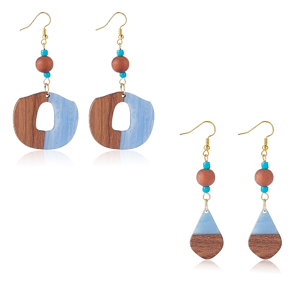 

PandaHall 2 Pairs 2 Styel Teardrop & Donut Shape Resin & Walnut Wood Dangle Earring, Brass Long Drop Earrings for Women, Deep Sky Blue..., Multicolor