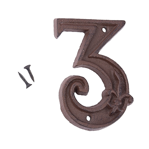 PandaHall Iron Home Address Number, with 2pcs Screw, Num.3, 109x74x12mm, Hole: 5mm Iron Number Brown