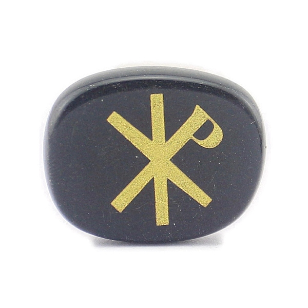 

PandaHall Natural Black Agate ChiRho Symbol Healing Chakra Reiki Stone, Display Decorations, Oval, 20x25x6.5mm Black Agate Oval