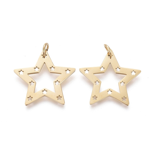 

PandaHall Ion Plating(IP) 304 Stainless Steel Pendants, Laser Cut, with Jump Ring, Star, Golden, 17x18x0.8mm, Jump Ring: 4.3x0.7mm, 2mm...