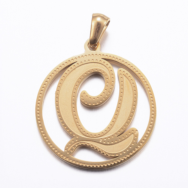 

PandaHall Ion Plating(IP) 304 Stainless Steel Pendants, Flat Round with Letter, Golden, Letter.Q, 28x25x1.2mm, Hole: 6x3.5mm 304 Stainless...