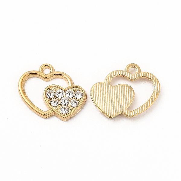 

PandaHall Alloy Rhinestone Charms, Double Heart, Golden, 14.5x17.5x2mm, Hole: 1.5mm Alloy+Rhinestone Heart Clear