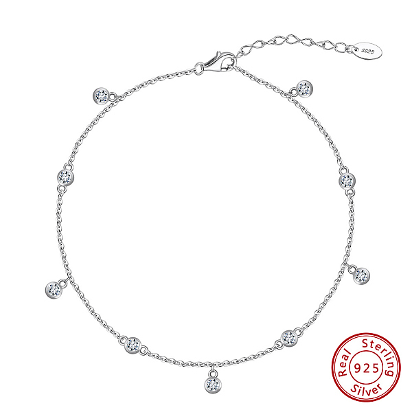 

PandaHall 925 Sterling Silver Cable Chain Anklet, Micro Pave Cubic Zirconia Round Charm, Real Platinum Plated, 8-1/2 inch(21.5cm) Sterling..., Clear