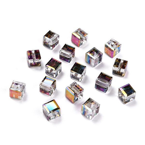 

PandaHall Electroplate Transparent Glass Beads, Faceted Cube, Rainbow Plated, Purple, 6x6x6mm, Hole: 1.8mm Glass Square Purple