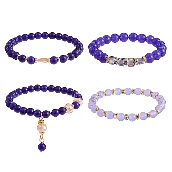 

PandaHall 4Pcs 4 Style Natural Malaysia Jade Stretch Bracelets Set with Glass Beaded, Gemstone Jewelry for Women, Inner Diameter: 2-1/8 inch..., Purple