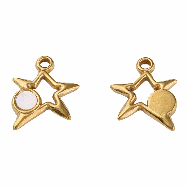 

PandaHall 304 Stainless Steel Charms, with White Shell, Star, Golden, 15x13x2mm, Hole: 1.6mm Stainless Steel+Shell Star White