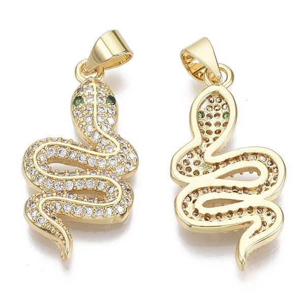 

PandaHall Brass Micro Pave Cubic Zirconia Pendants, with Brass Snap On Bails, Nickel Free, Snake, Clear & Green, Real 16K Gold Plated...