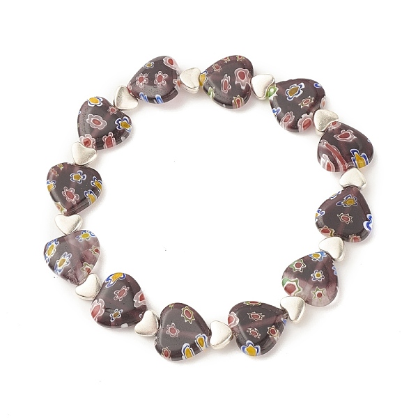 

PandaHall Handmade Millefiori Lampwork & Alloy Heart Beaded Stretch Bracelet, Flower Bracelet for Women, Purple, Inner Diameter: 1-7/8 inch...
