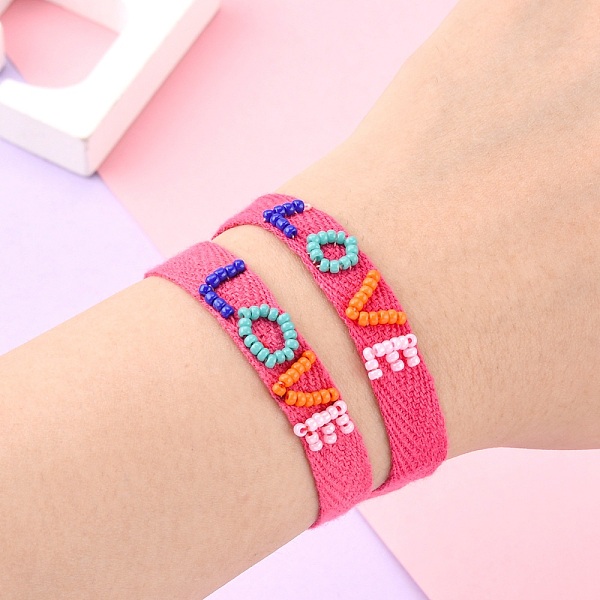 

PandaHall Twill Tape Nylon Cord Knotted Bracelets, Glass Seed Beads Love Bracelets, Hot Pink, 14-1/8 inch(36cm) Nylon