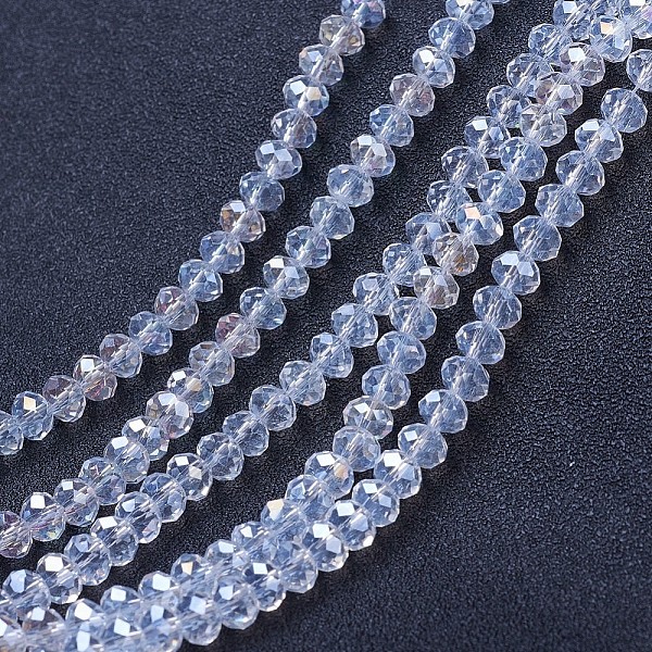 

PandaHall Electroplate Glass Beads Strands, AB Color Plated, Faceted, Rondelle, Clear AB, 4x3mm, Hole: 0.4mm, about 123~127pcs/strand..., White