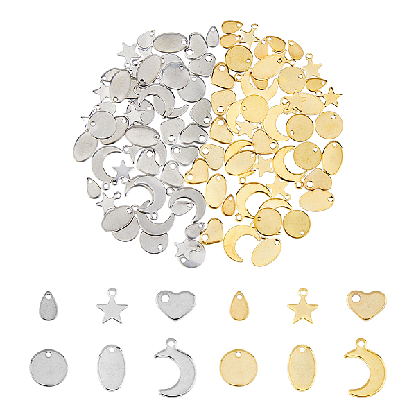 

PandaHall DICOSMETIC 96Pcs 6 Styles 2 Colors Stainless Steel Charms, Stamping Blank Tag, Mixed Shapes, Golden & Stainless Steel Color...
