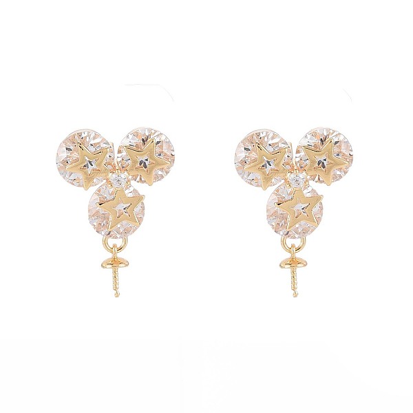 

PandaHall Brass Micro Pave Clear Cubic Zirconia Stud Earring Findings, for Half Drilled Beads, Nickel Free, Star, Real 18K Gold Plated...