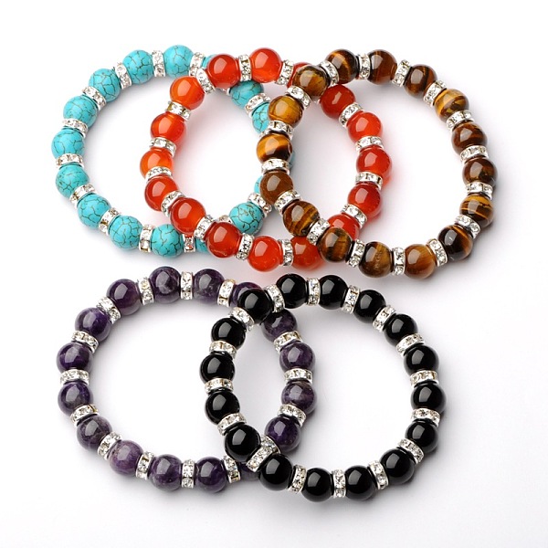 

PandaHall Gemstone Stretch Bracelets, with Silver Color Plated Brass Middle East Rhinestone Beads, Natural & Synthetic Mixed Stone, 54mm..., Multicolor