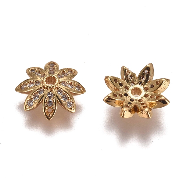 

PandaHall Multi-Petal Brass Micro Pave Clear Cubic Zirconia Bead Caps, Flower, Golden, 11x3.5mm, Hole: 1.4mm Brass+Cubic Zirconia Clear