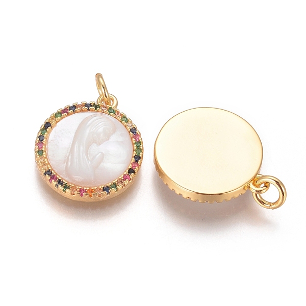 

PandaHall Brass Pendants, with Micro Pave Cubic Zirconia, Shell and Jump Rings, Flat Round with Virgin Mary, Colorful, Golden, 18x15x3mm...