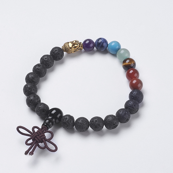 

PandaHall Chakra Jewelry, Natural Lava Rock and Mixed Stone Buddha Stretch Bracelets, with Alloy Findings, Buddha Head, 2-1/8 inch(54mm)...