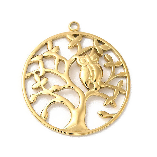 

PandaHall Manual Polishing 304 Stainless Steel Pendants, Flat Round with Tree of Life & Owl Charm, Real 18K Gold Plated, 30x27.5x3mm, Hole...