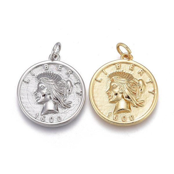 

PandaHall Brass Pendants, with Jump Rings, Long-Lasting Plated, Flat Round with Human, Word Liberty, Mixed Color, 20x18x3mm, Hole: 3mm Brass...