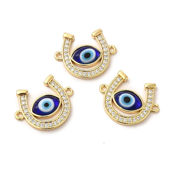 

PandaHall Rack Plating Real 18K Gold Plated Brass Micro Pave Clear Cubic Zirconia Connector Charms, Horseshoe Links, with Handmade Evil Eye..., Blue