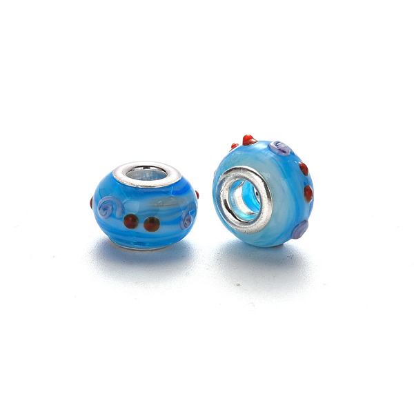 

PandaHall Handmade Lampwork European Beads, Bumpy, Large Hole Rondelle Beads, with Platinum Tone Brass Double Cores, Deep Sky Blue...