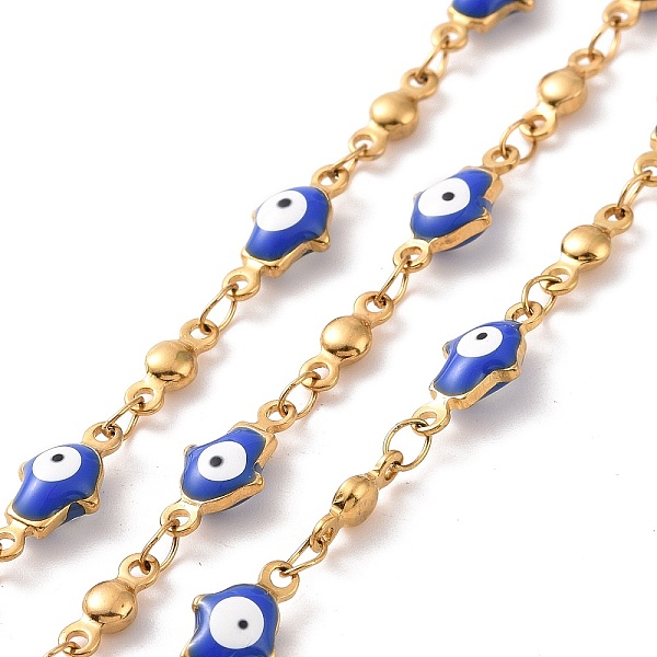 

PandaHall Enamel Hamsa Hand with Evil Eye Link Chains, with Ion Plating(IP) 304 Stainless Steel Findings, Golden, Unwelded, with Spool, Blue...