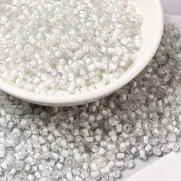 

PandaHall 8/0 Transparent Glass Seed Beads, Inside Colours, Round Hole, Round, White, 3~3.5x2mm, Hole: 1~1.2mm, about 450g/bag Glass White