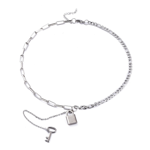 

PandaHall 304 Stainless Steel Lariat Necklaces, with Paperclip Chains & Figaro Chains, Key and Lock, Stainless Steel Color, 18.50 inch(47cm)...