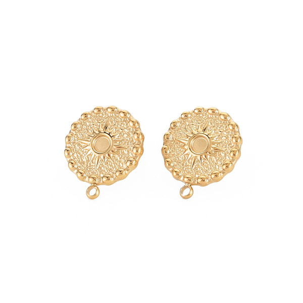 

PandaHall Ion Plating(IP) 304 Stainless Steel Stud Earring Findings, Earring Setting for Enamel, with Ear Nuts and Loop, Flat Round with Sun...