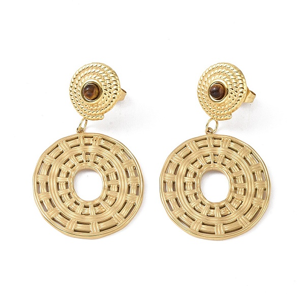 

PandaHall Natural Tiger Eye & 304 Stainless Steel Rope Disc Dangle Stud Earrings for Women, Golden, 47x25.5mm Tiger Eye Disc