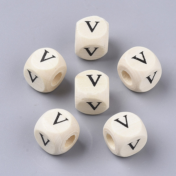 

PandaHall Printed Natural Wood Beads, Horizontal Hole, Cube with Initial Letter, PapayaWhip, Letter.V, 10x10x10mm, Hole: 3.5mm, about..., Orange