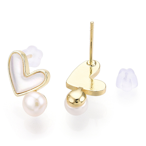

PandaHall Natural White Shell Heart & Pearl Stud Earrings, Brass Earring with 925 Sterling Silver Pins, Real 18K Gold Plated, 14x8.5mm, Pin...