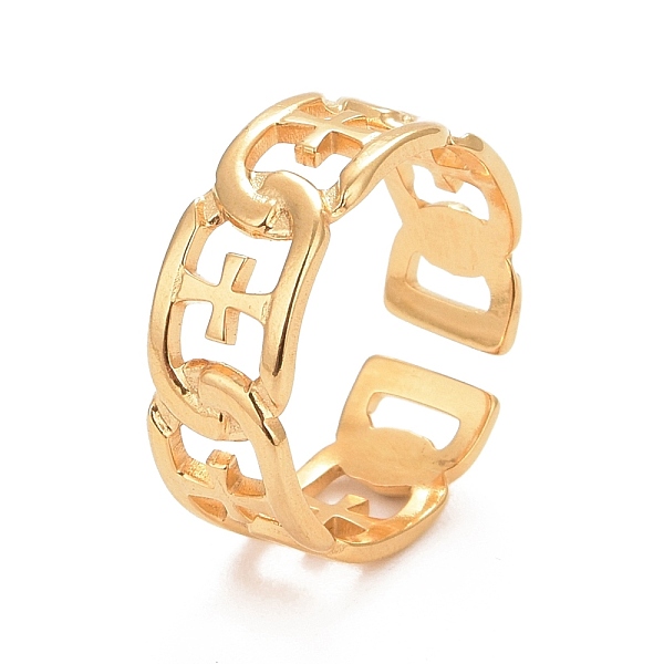 

PandaHall Ion Plating(IP) 304 Stainless Steel Oval with Cross Open Cuff Ring for Women, Golden, US Size 7 1/4(17.5mm) 304 Stainless Steel