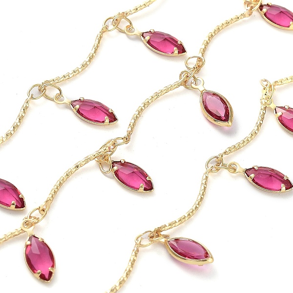 

PandaHall Handmade Brass Curved Bar Link Chains, with Deep Pink Glass Horse Eye Charms, with Spool, Soldered, Real 18K Gold Plated, Link...