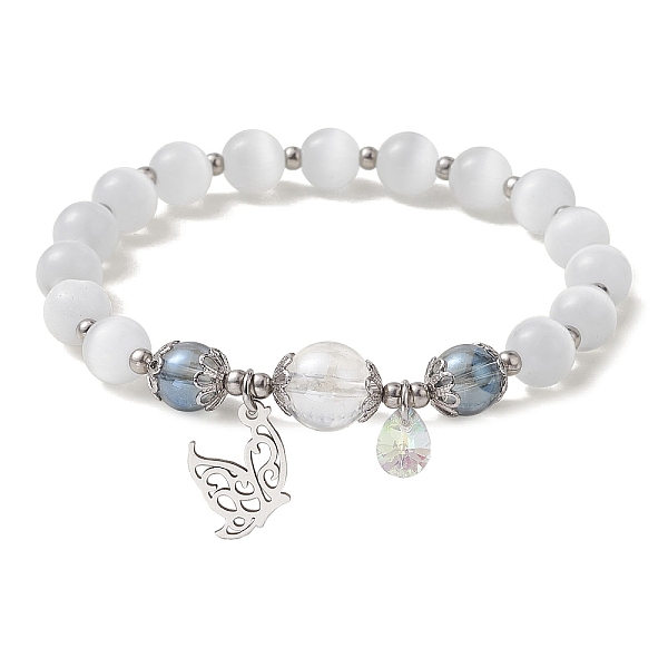 

PandaHall Cat Eye Beaded Stretch Bracelet with 201 Stainless Steel Butterfly Charms, Stainless Steel Color, Inner Diameter: 2 inch(5.1cm)..., White