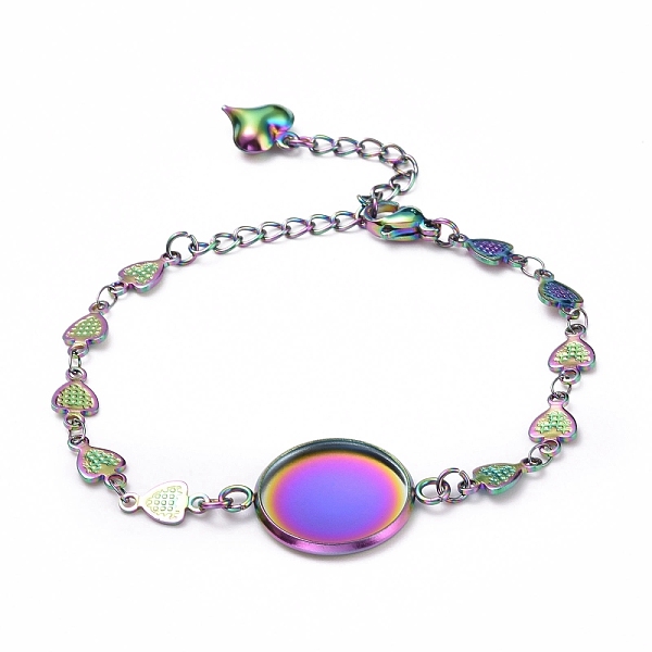 

PandaHall Rainbow Color 304 Stainless Steel Bracelet Making, with Lobster Claw Clasps, Heart Link Chains and Flat Round Cabochon Settings...