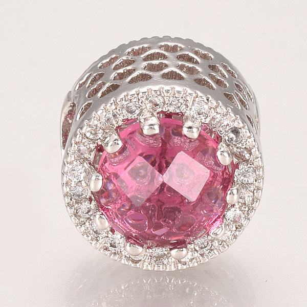 

PandaHall Brass Micro Pave Cubic Zirconia European Beads, with Glass, Large Hole Beads, Faceted, Column, Camellia, 13.5x11mm, Hole: 5mm..., Pink