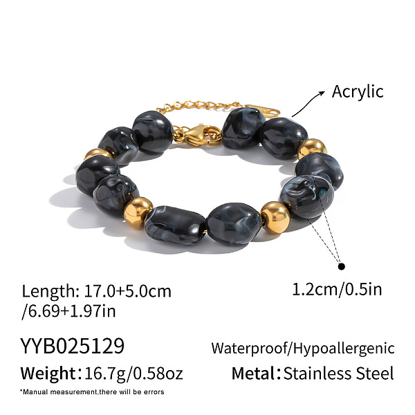 Vintage Stainless Steel  Black Acrylic Nuggets Beaded Bracelets for Women