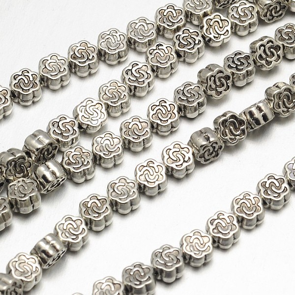 

PandaHall Tibetan Style Flower Alloy Bead Strands, Lead Free & Cadmium Free, Antique Silver, 4.5x3mm, Hole: 1mm, about 45pcs/strand, 8 inch...