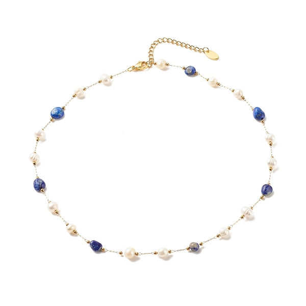 

PandaHall Natural Lapis Lazuli & Pearl Beaded Necklace, Gold Plated Stainless Steel Jewelry for Women, 15.98~16.14 inch(40.6~41cm) Lapis...