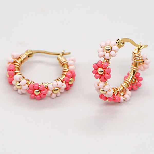 Boucles d'oreilles créoles bohèmes en perles de verre tressées et fleurs pour femmes