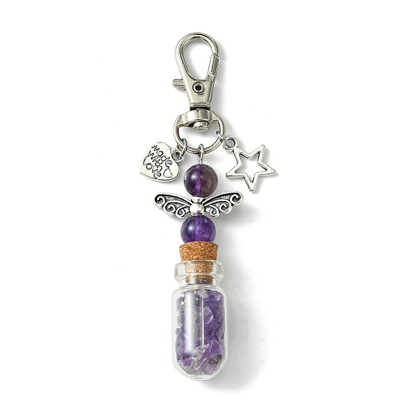 

PandaHall Glass Wishing Bottle with Natural Amethyst inside Pendant Decorations, Star & Heart Tibetan Style Alloy and Swivel Lobster Claw..., Clear