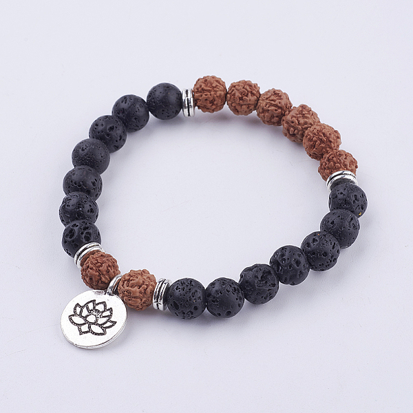 

PandaHall Yoga Theme Lava Rock Bodhi Wood Beads Stretch Charm Bracelets, with Tibetan Style Alloy Findings, Lotus, 50mm, about 22pcs/strand...