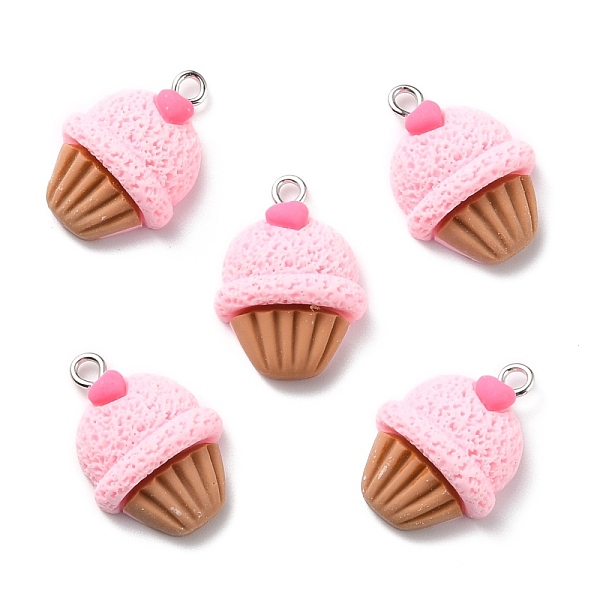 PandaHall Resin Pendants, with Platinum Iron Peg Bail, Cake with Heart, Pink, 24x17x8mm, Hole: 2mm Resin Food Pink