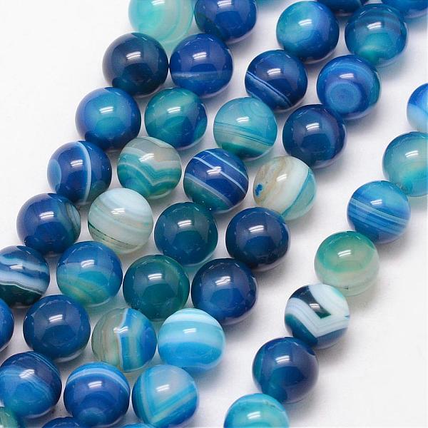 

PandaHall Natural Striped Agate/Banded Agate Bead Strands, Round, Grade A, Dyed & Heated, Deep Sky Blue, 8mm, Hole: 1mm, about 47pcs/strand...