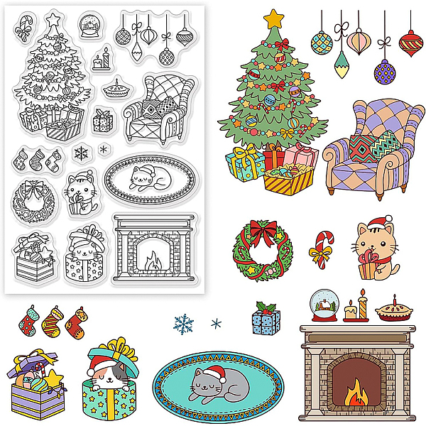 

PandaHall BENECREAT Christmas Themed Pattern Clear Stamps, Christmas Tree/Fireplace/Gift/Christmas Stocking/Cat Pattern Clear Rubber Stamps...
