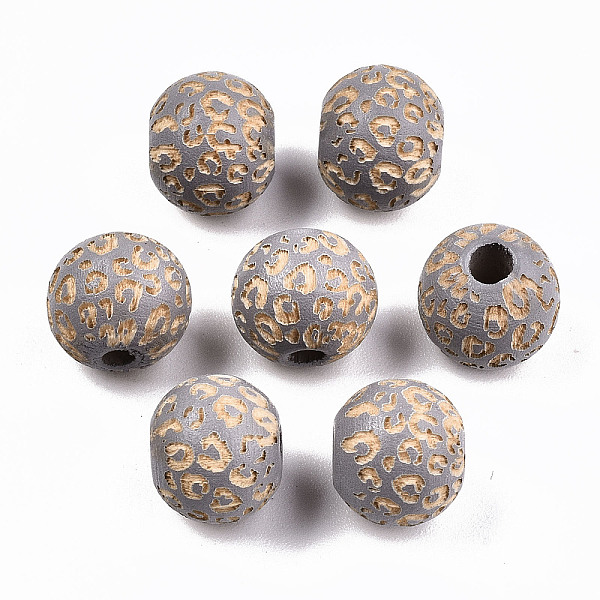 

PandaHall Painted Natural Wood Beads, Laser Engraved Pattern, Round with Leopard Print, Light Grey, 10x8.5mm, Hole: 2.5mm Schima Wood Round